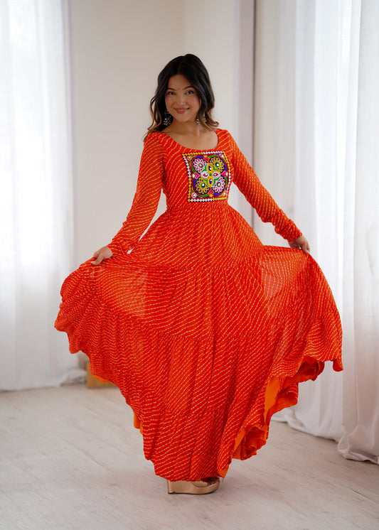 Orange Leheriya Navratri Anarkali Gown with Kutchi Embroidery Yoke