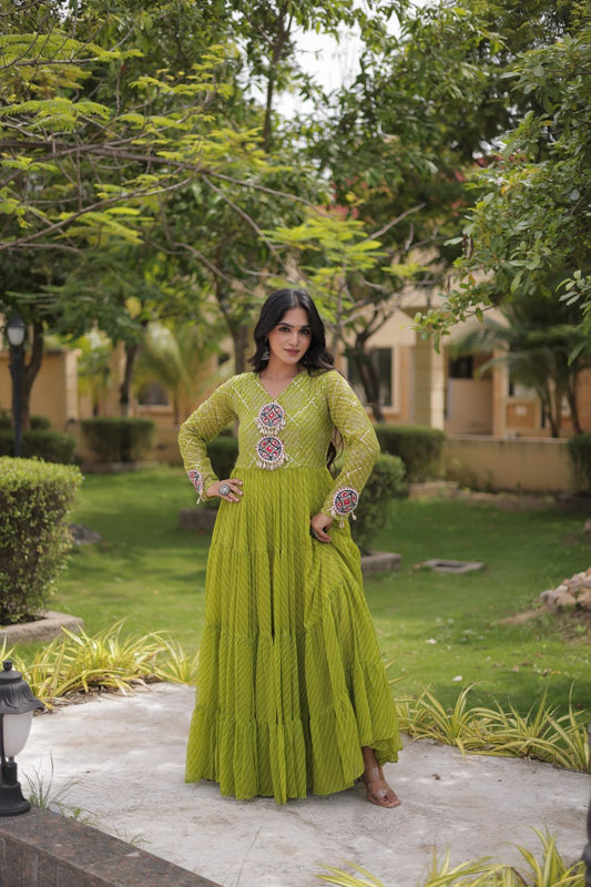 Green Laheriya Anarkali Gown with Kutchi Patchwork