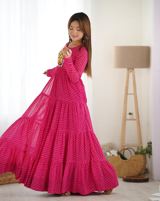 Pink Flared Anarkali Dress with Round Kutchi Embroidered Yoke
