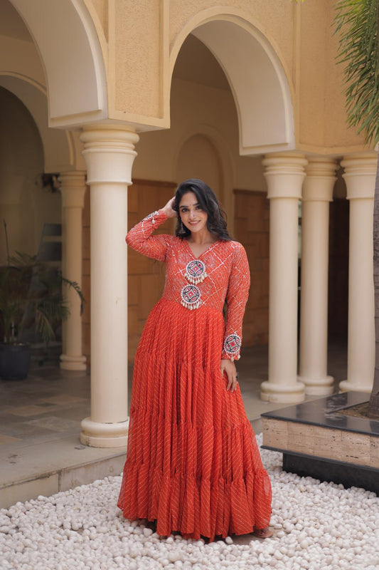 Orange Laheriya Anarkali Gown with Kutchi Patchwork