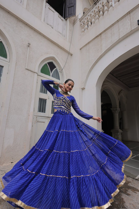 Navratri Blue Leheriya Print Lehenga with Mirror Lace Blouse