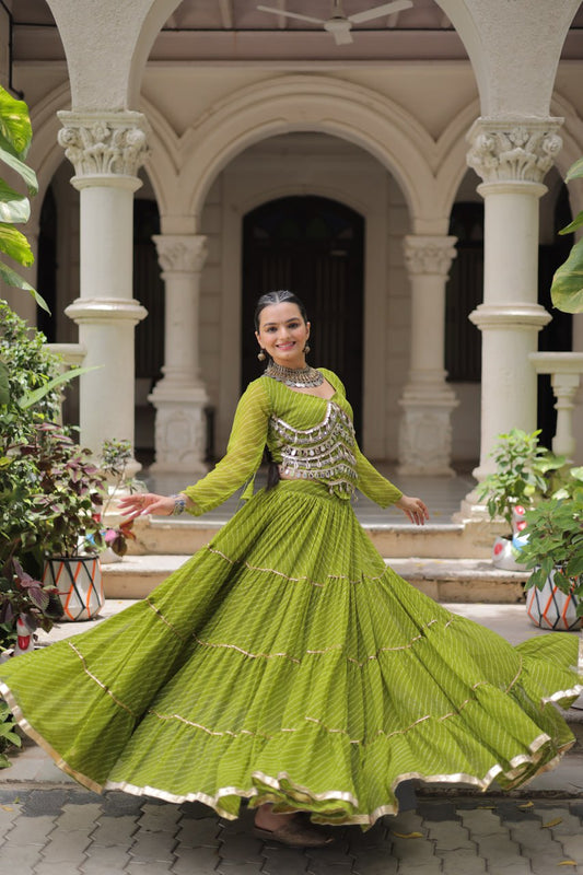 Navratri Olive Green Leheriya Print Lehenga with Mirror Lace Blouse