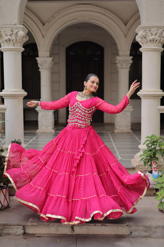 Navratri Pink Leheriya Print Lehenga with Mirror Lace Blouse