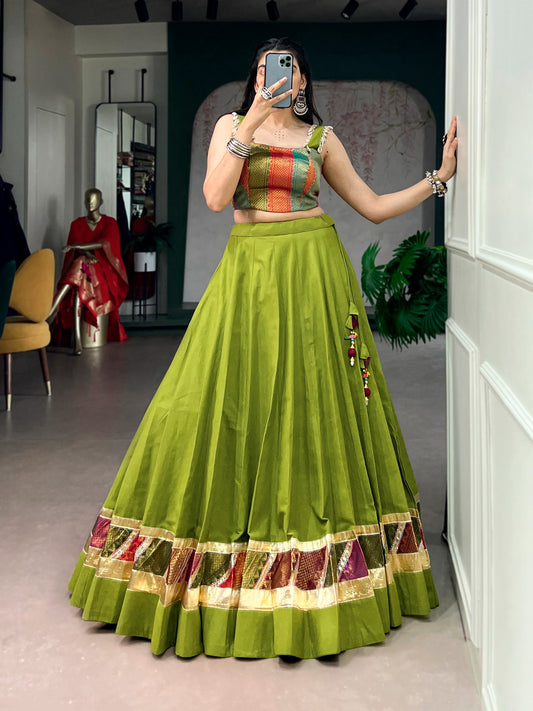 Olive Green Navratri Lehenga Choli with Multicolor Brocade Blouse for Garba Nights