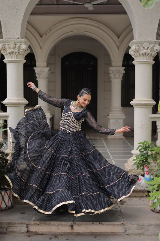 Navratri Black Leheriya Lehenga Choli with Mirror Lace Work
