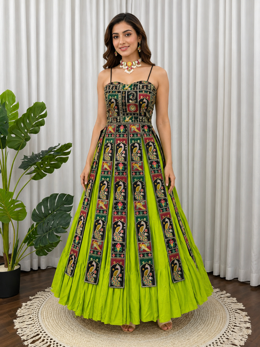 Lime Green Panel Top with Lehenga for Navratri & Dandiya Nights