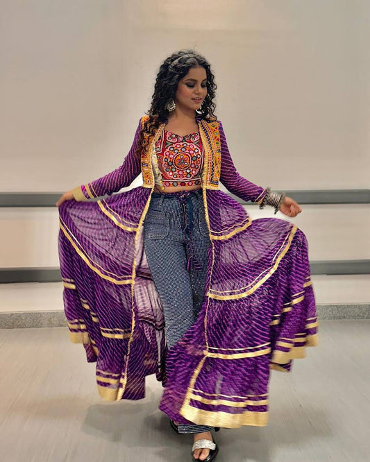 Purple Bandhani Long Shrug with Embroidered Blouse for Navratri