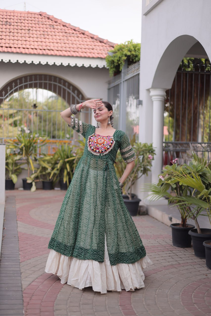 Maroon Bandhani Georgette Kurti with White Kora Cotton Frill Lehenga