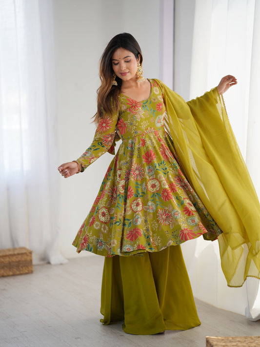 Olive Green Floral Printed Kediya Sharara Set with Dupatta
