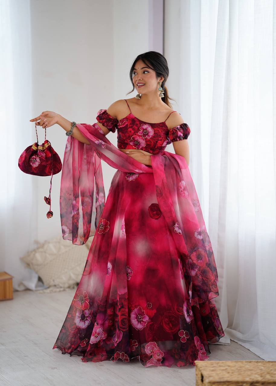 Pink Floral Organza Off Shoulder Lehenga Choli with Dupatta and Potli Bag