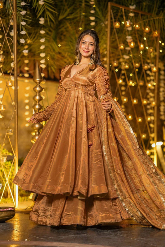 Heavy Fendy Silk Anarkali Palazzo Set with Designer Sleeves & Embroidered Dupatta