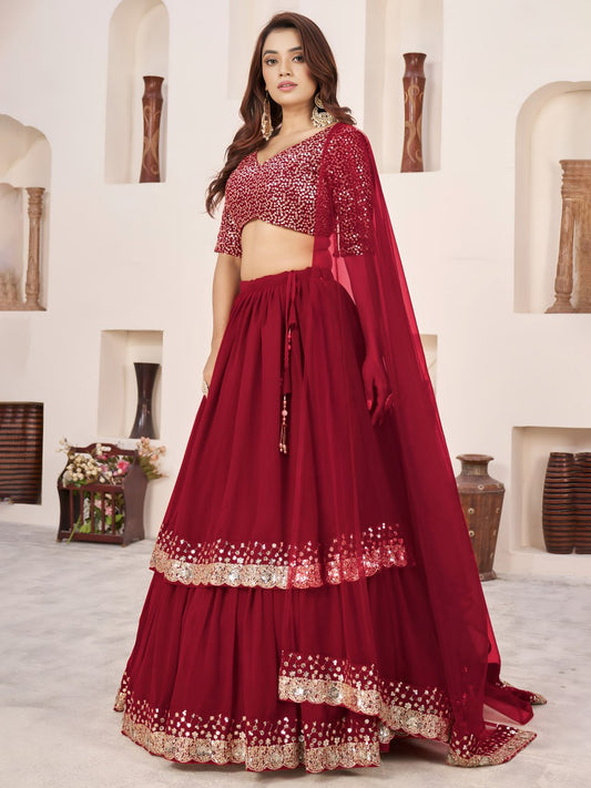 Red Georgette Lehenga Choli with Zari & Sequin Embroidery