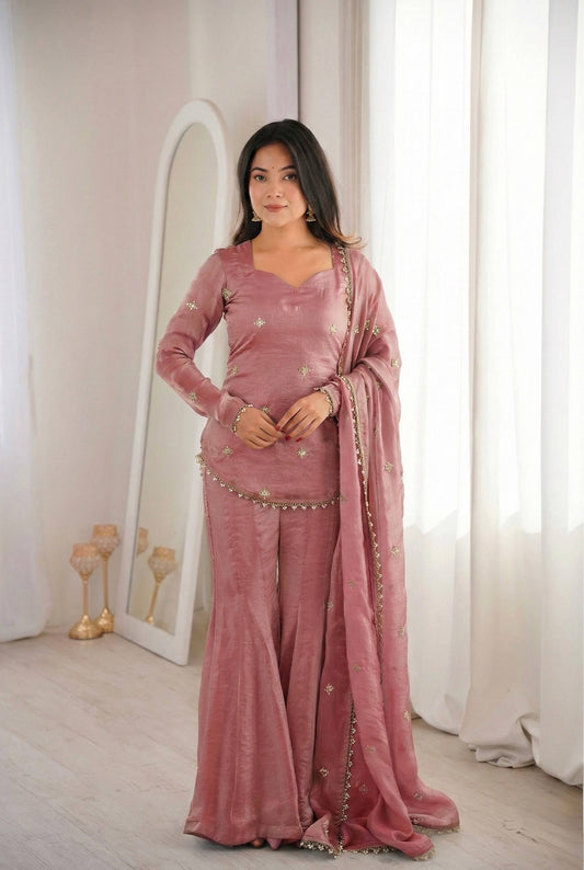 Blush Pink Fendy Silk Sharara Palazzo Set with Embroidered Dupatta