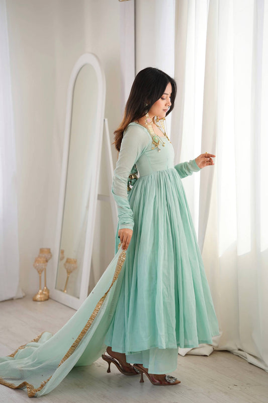 Designer Mint Green Georgette Anarkali Gown with Dupatta