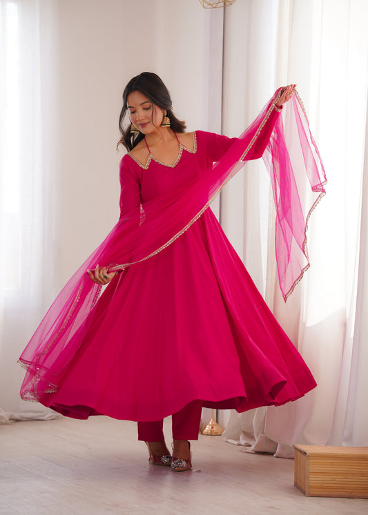 Hot Pink Roman Silk Chanderi Anarkali Gown with Net Dupatta & Mirror Lace
