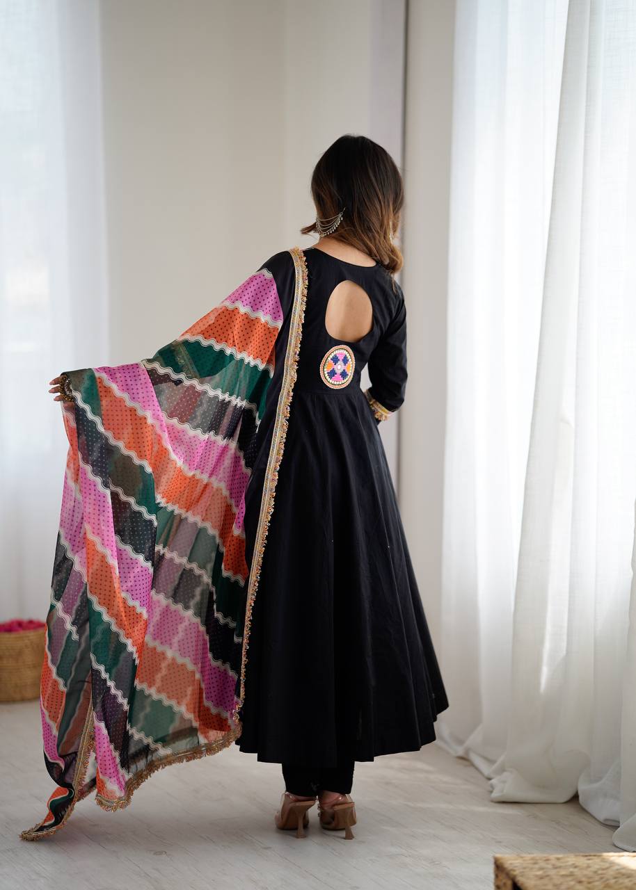 Black Anarkali Suit with Colorful Mirror Embroidery and Multicolor Dupatta
