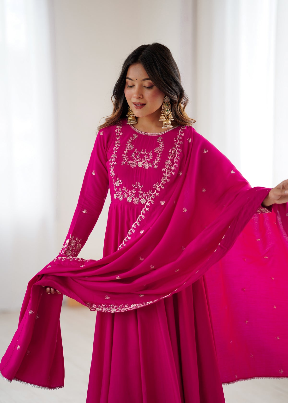 Bright Pink chanderi silk Embroidered Anarkali Gown with Dupatta