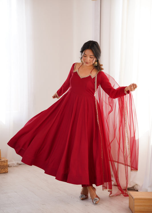 Maroon Roman Silk Chanderi Anarkali Gown with Net Dupatta & Mirror Lace