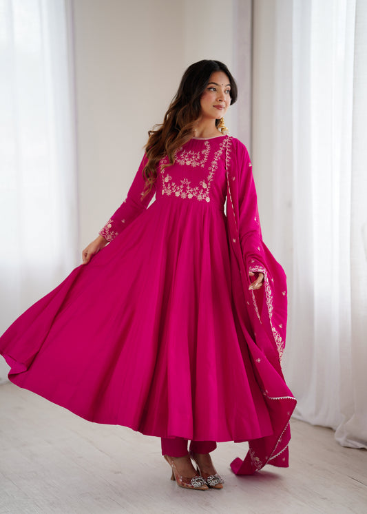 Bright Pink chanderi silk Embroidered Anarkali Gown with Dupatta