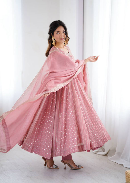 Pastel Pink Anarkali Suit with Golden Polka Dot & Floral Embroidery