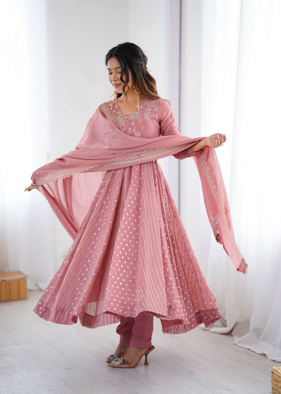 Pastel Pink Anarkali Suit with Golden Polka Dot & Floral Embroidery