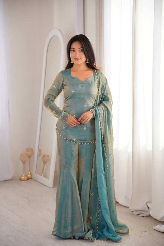 Elegant Teal Green Fendy Silk Sharara Palazzo Set with Embroidered Dupatta