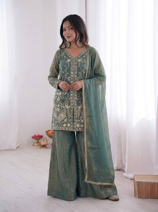 Bottle Green Fendy silk Embroidered Kurti Palazzo Set with Dupatta