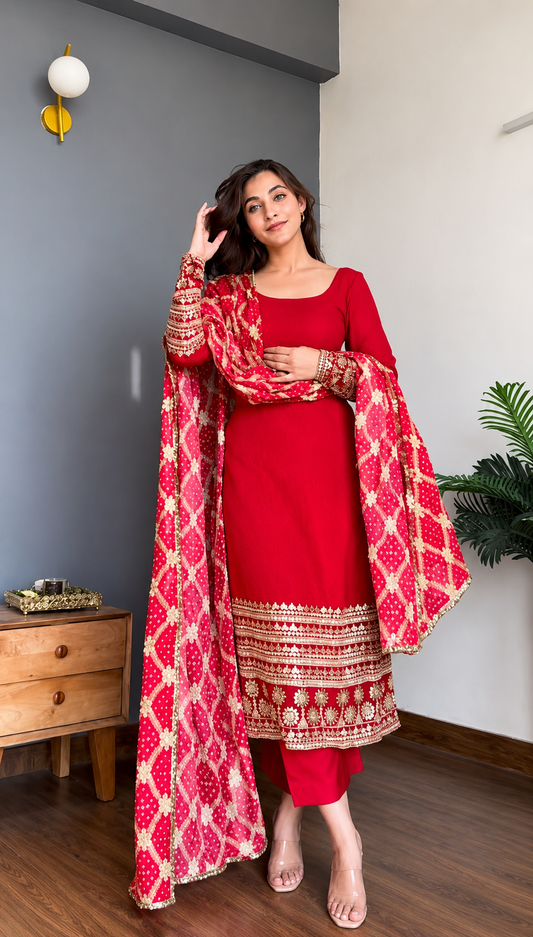 Designer Red Straight Cut Suit for Women with Pant and Dupatta