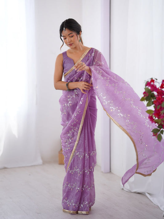 Lavender Crush Saree with Sequin Embroidery and lace Border