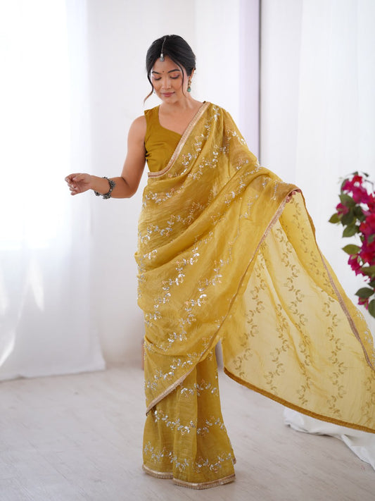 Golden Mustard Embroidered Organza Saree with Shimmer Border