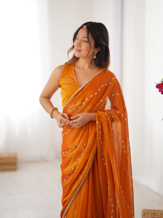 Orange Party Wear Saree with Sequin Work and Matching Blouse