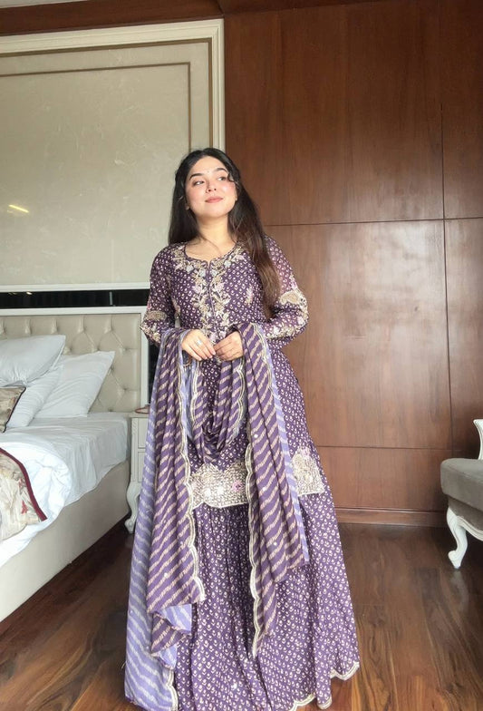 Purple Printed Chinnon Sharara Suit with Embroidered Kurta and Dupatta