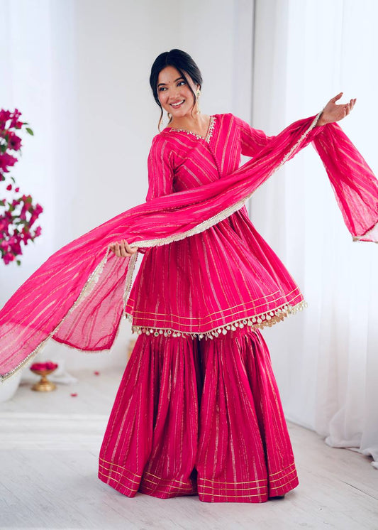 Rani Pink Gota Patti and Real Mirror Embroidered Chanderi Sharara Suit with Dupatta