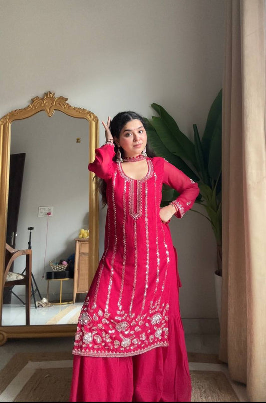 Dark Pink Georgette Sharara Embroidered Kurta with Dupatta