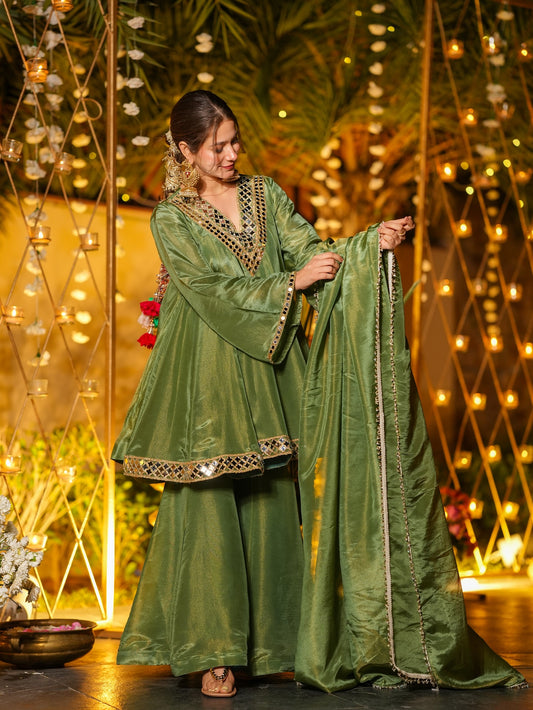 Elegant Green Silk Mirror-Work Sharara Suit Set for Festive & Wedding Functions