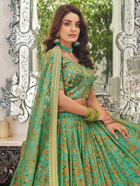 Sea Green Organza Lehenga Choli with Floral Print Dupatta