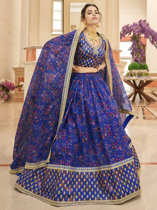 Designer Royal Blue Organza Lehenga Choli with Floral Print Dupatta