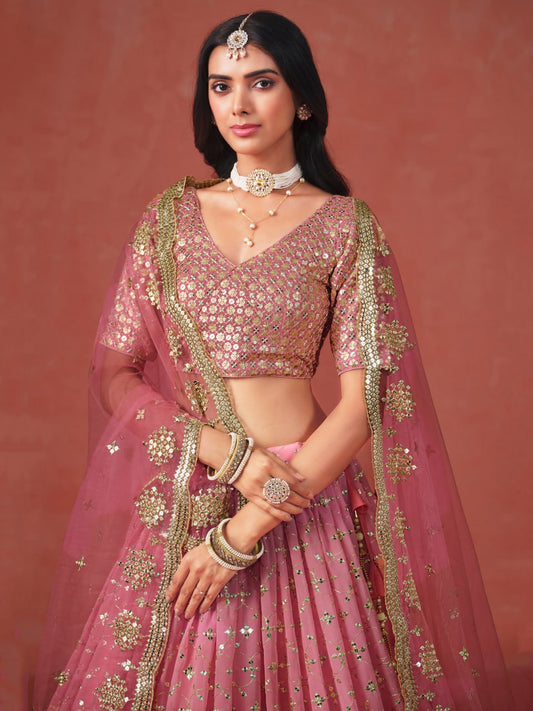 Designer Peach Pink Zari Embroidered Georgette Lehenga Choli