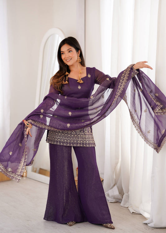 Purple Embroidery Work Bell Bottom Suit for Wedding Functions