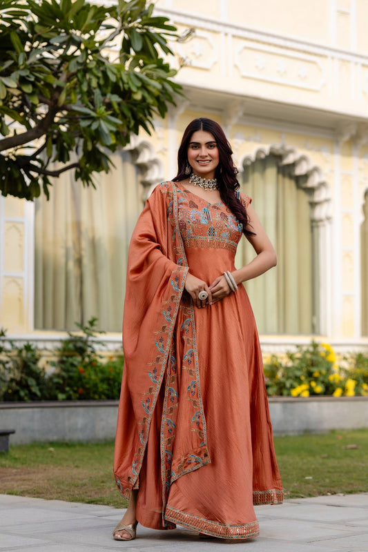 Rust Orange Silk Embroidered Anarkali Gown with Dupatta