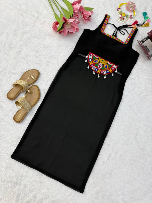 Black Kutchi Embroidered Kurti with Multicolor Work for Navratri