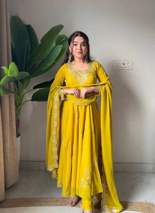 Mustard Yellow Georgette Embroidered Anarkali Kurti Pant Set with Dupatta