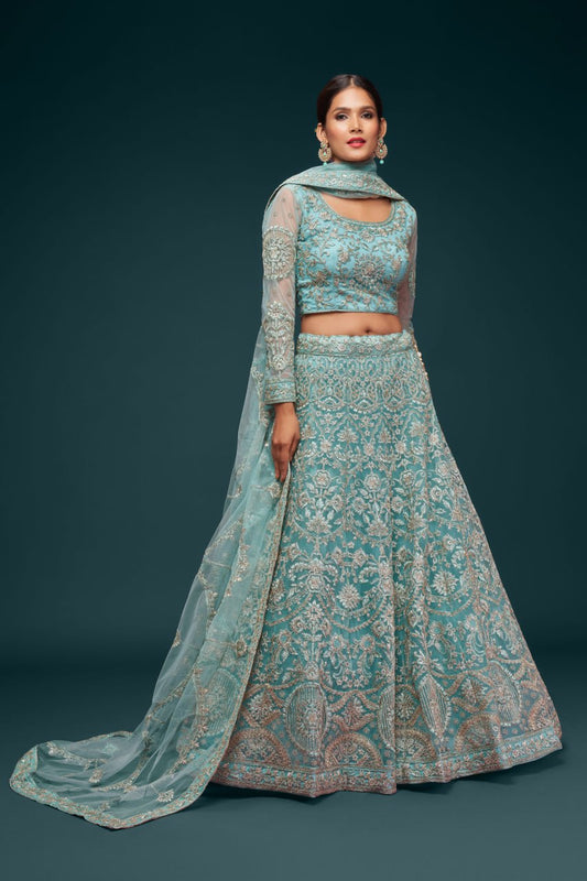 Teal blue Heavy zari Embroidered Lehenga Choli with Net Dupatta for wedding