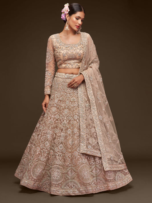 Nude Beige Heavy zari Embroidered Lehenga Choli with Net Dupatta for wedding