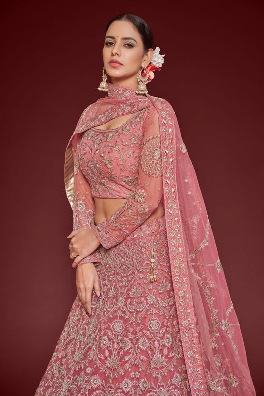 Rose Pink Heavy zari Embroidered Lehenga Choli with Net Dupatta