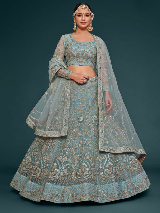 Sea Green Heavy zari Embroidered Lehenga Choli with Net Dupatta