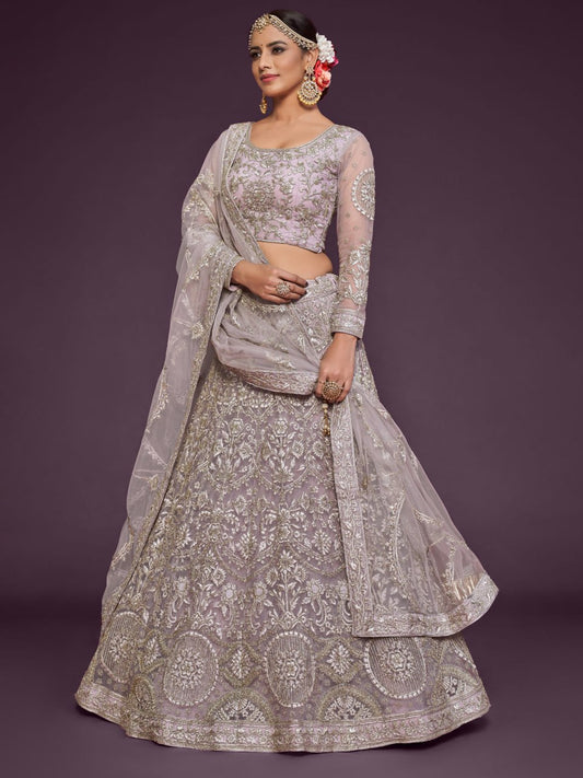 Lavender Grey Heavy zari Embroidered Lehenga Choli with Net Dupatta