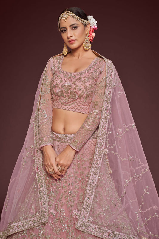 Pastel Pink Heavy zari Embroidered Lehenga Choli with Net Dupatta