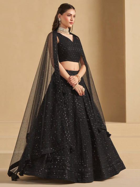Black Sequins Work Georgette Lehenga Choli Set with Net Dupatta for wediing