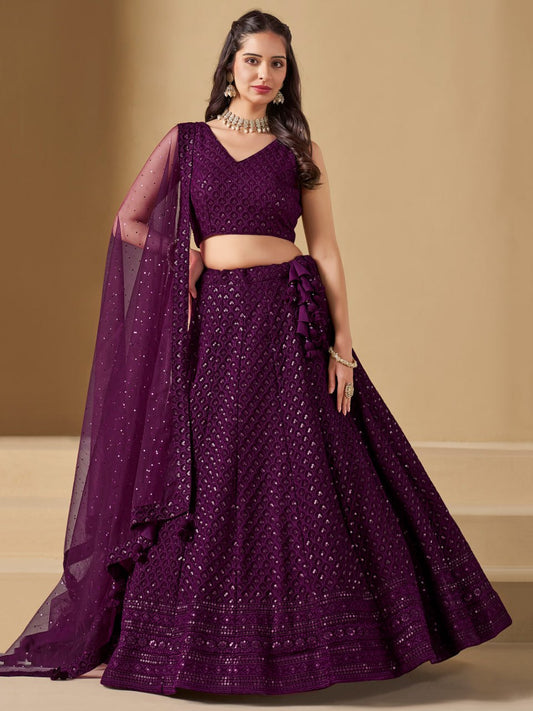 Deep Purple Sequins Work Georgette Lehenga Choli with Dupatta